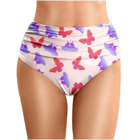 WERYOUNG Women Summer Tropical Brazilian Vacation Swimwear Printed High Waist Pleated Beach Double Layered Bikini Swim Trunks Trendy Light Pink L