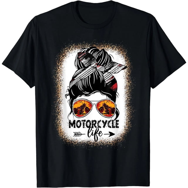 Camiseta de Mujer Motociclista Estilo Vida Biker con Moño Desordenado de Leopardo