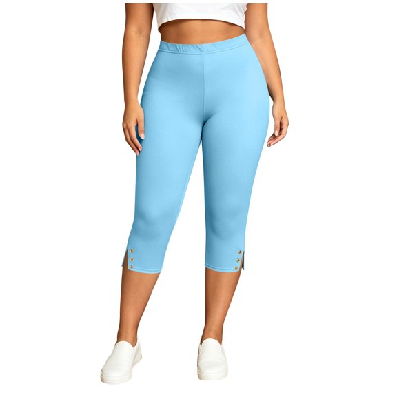BVnarty women capri slim fit leggings high rise stretch waist side button split hem solid print tight cropped pant caf茅 daily wear Light Blue XL
