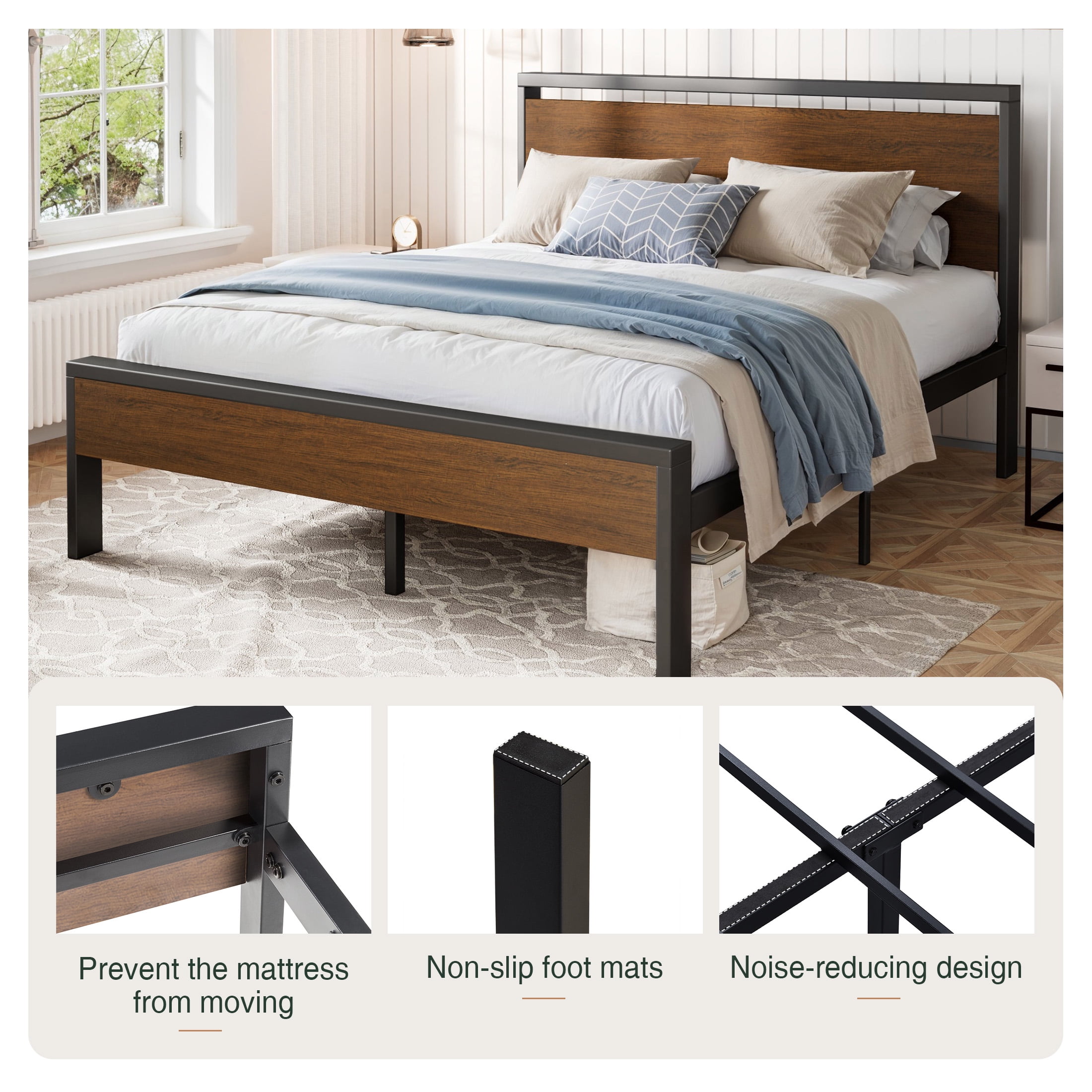 Amolife Full Size Bed Frame, Heavy Duty Metal Platform Bed with Wooden Headboard & Footboard, Walnut