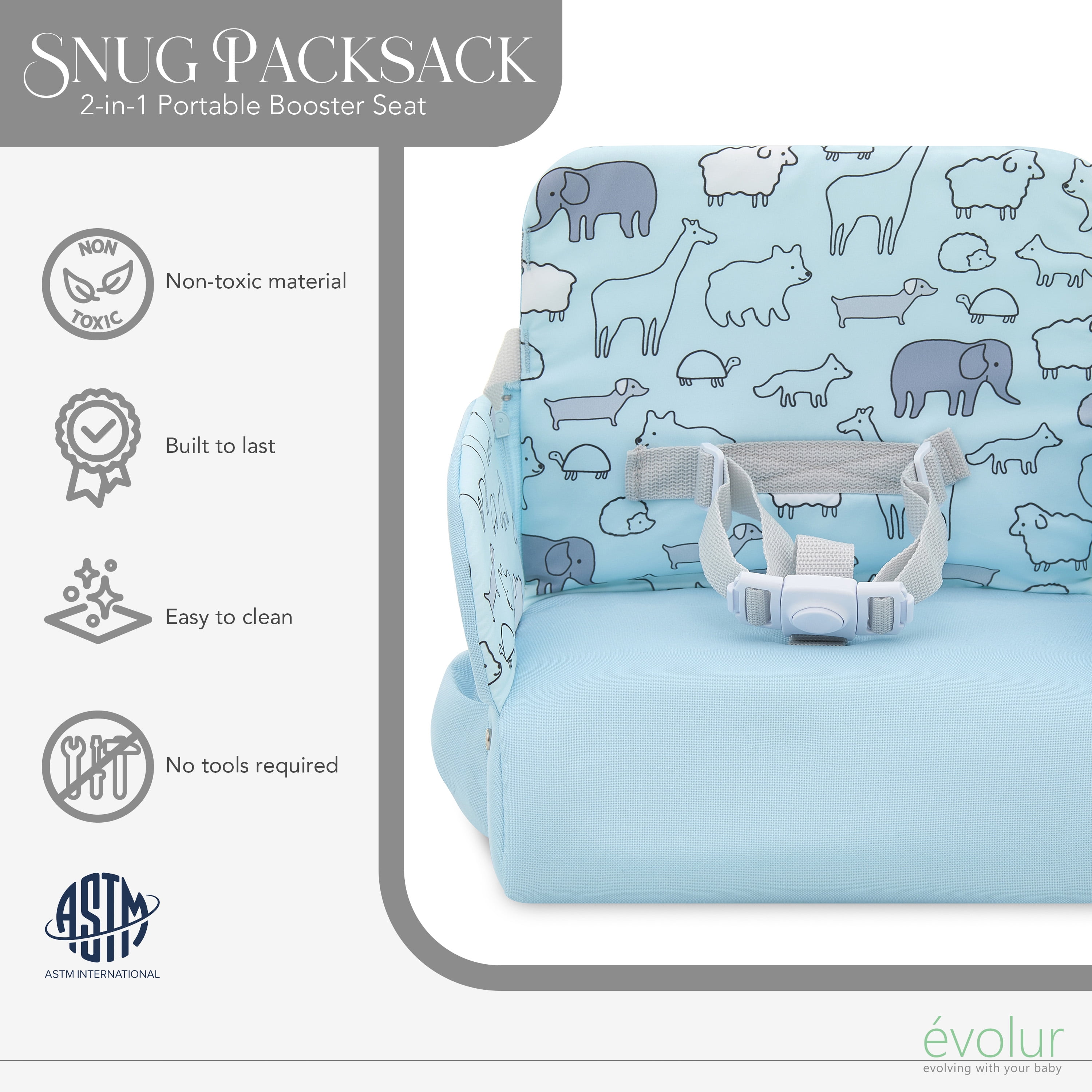 Evolur Snug Packsack 2-in-1 Portable Booster Seat and Travel Bag, Sky Blue