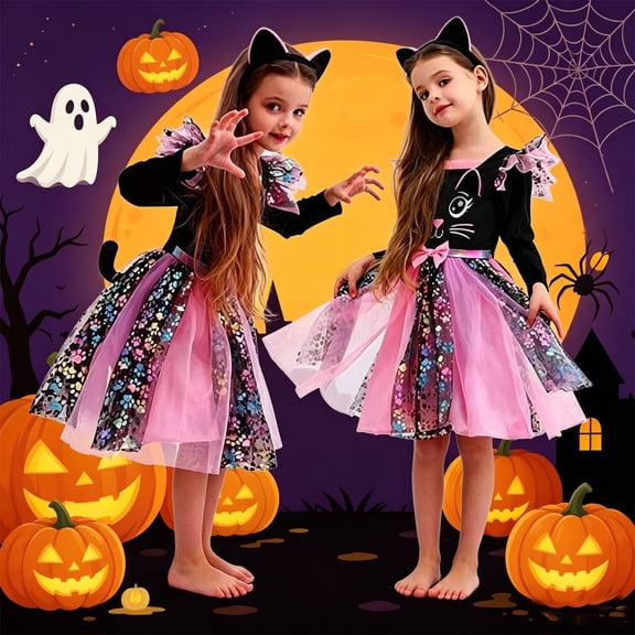 CUZIBR Girls Halloween Outfits Long Sleeve Cat Print Top Sequin Tulle Tutu Dress With Cat Ear Headband Kids Party Cosplay Clothes Sets,Black,3-4 Years