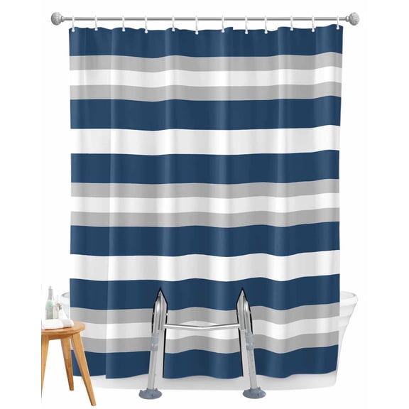 Split Shower Curtain for Transfer Bench, Navy Blue Grey Stripe Fabric Shower Curtains for Bathroom, Minimalist Farmhouse Striped Tub Sliding Transfer Bench Waterproof Bath Curtains 72"x78"