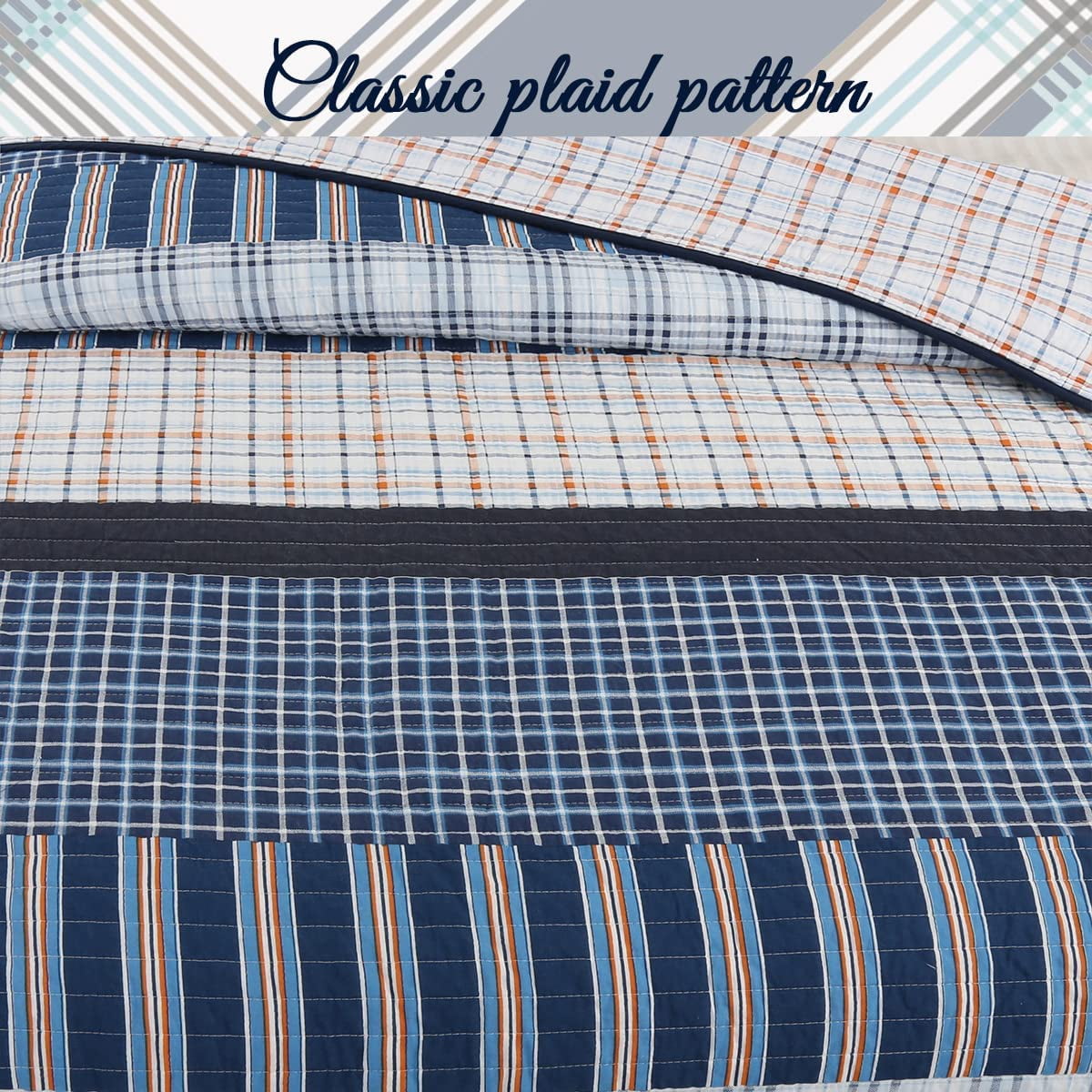 Cozy Line Home Fashions Navy Orange Striped Boy 100% Cotton Reversible Quilt Bedding Set, Twin 2-Piece