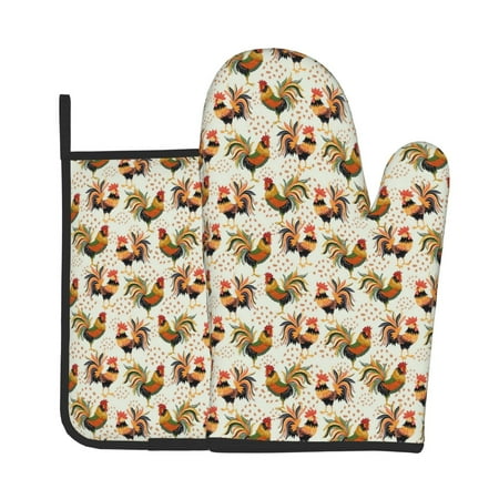 

KLL Colorful Roosters Pattern Oven Mitts and Pot Holders 2pcs Sets for Kitchen Oven Mitt Heat Resistant 536°F Oven Gloves for Kitchen Cooking and Baking