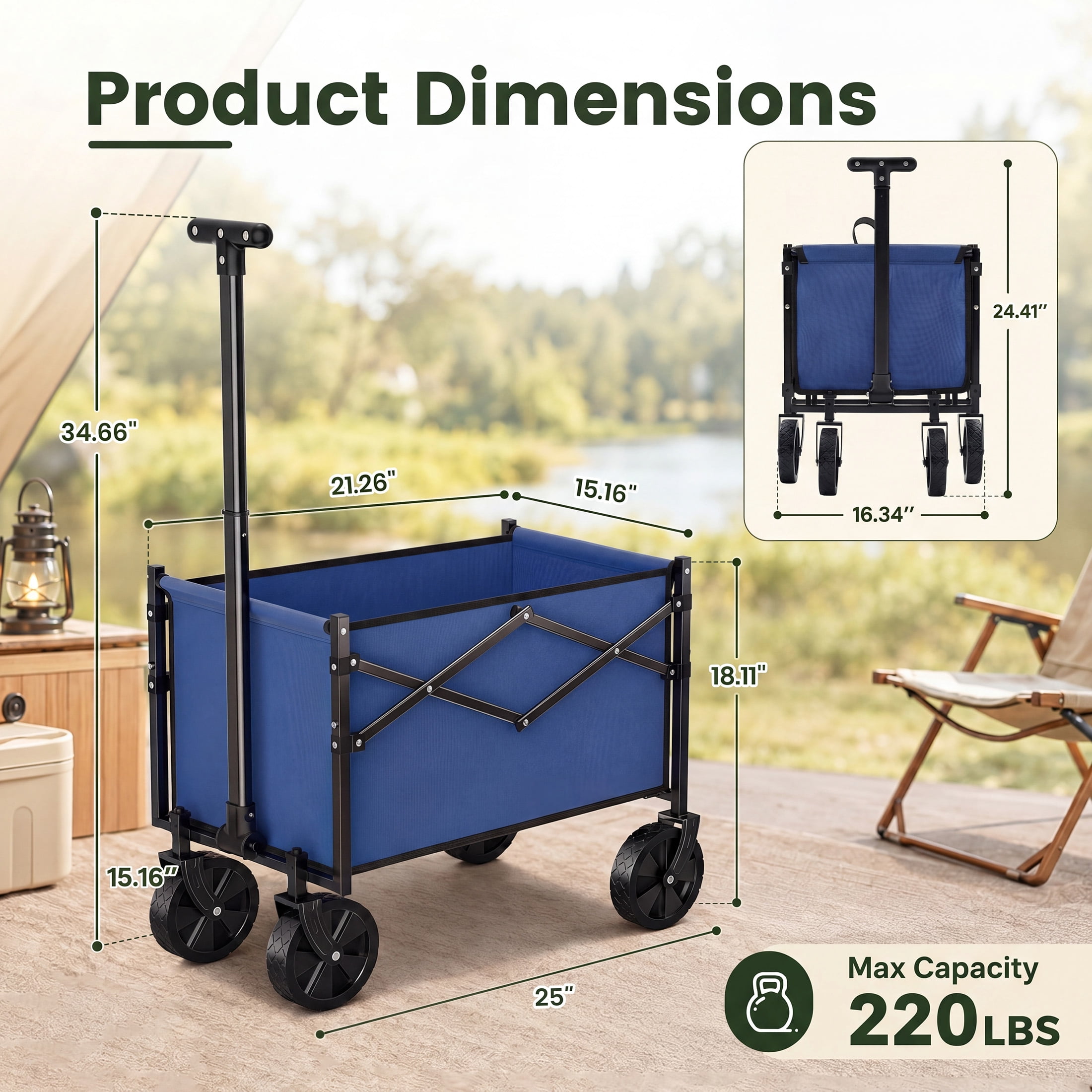 SHOUFTW Folding Wagon Cart, 220 lb Capacity Collapsible Utility Wagon with All-Terrain Wheels & Adjustable Handle, Blue