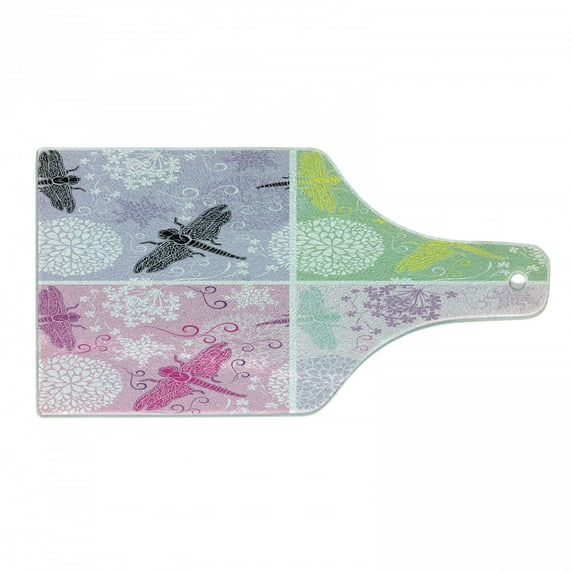 Dragonfly Cutting Board, Floral Frame Pattern with Dragonfly and Dandelion Blooms Ornate Image Nature, Decorative Tempered Glass Cutting and Serving Board, Wine Bottle Shape, Multicolor, by Ambesonne