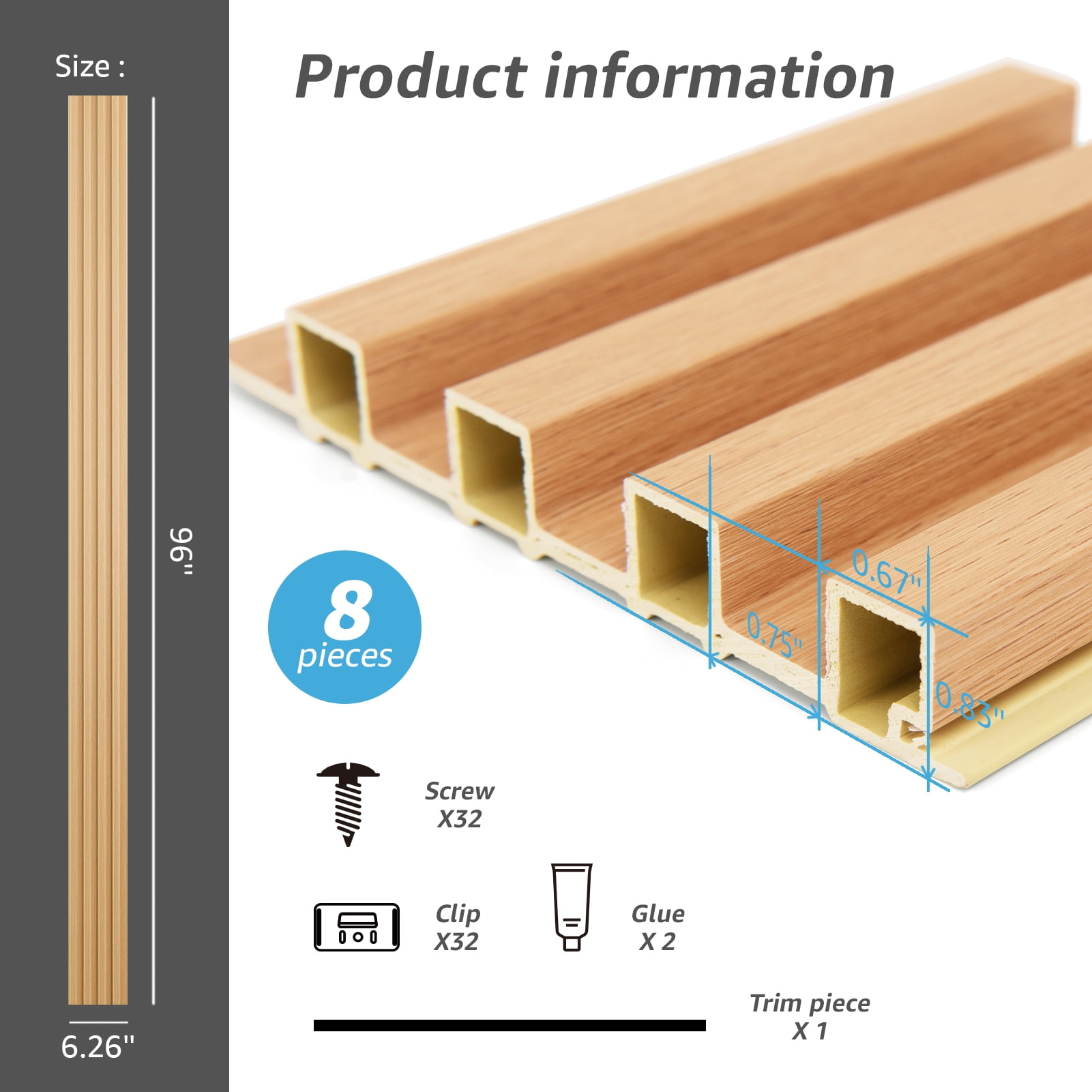 Art3d Slat Wall Panel,WPC Acoustic Diffuser 3D Wall Panel,8 Pieces 96x6 inch-Oak(32 sq.ft/Case)