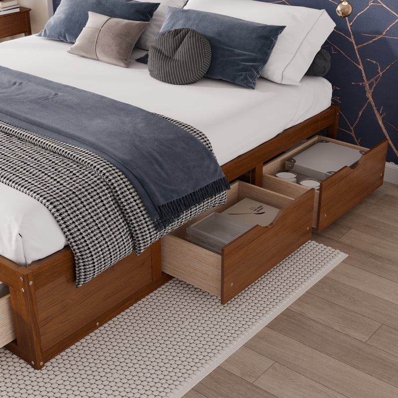 Queen/King Size No Box Spring Required Platform Bed with No Headboard, Wooden Storage Bed Frame with 6 Drawers