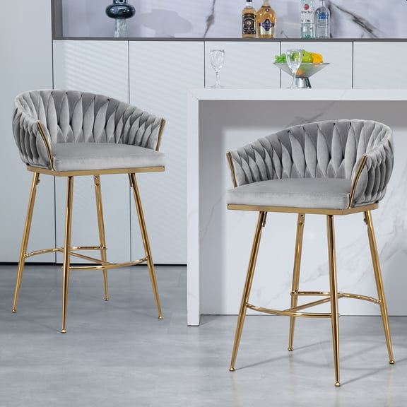 26'' Counter height bar stools Set of 2,velvet kitchen island counter bar stool with hand- wave back,golden chromed base and foot rest(2PCS)