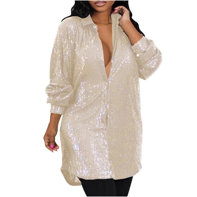 AherBiu Robe à Paillettes pour Femmes à Manches Longues, Boutonnée, Col à Revers, Col en V, Scintillante, Tenue de Boîte de Nuit, Robe Courte de Soirée