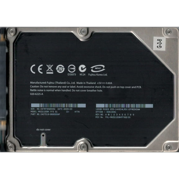 MHZ2120BH P/N: CA07018-B68300AP Fujitsu 120GB MAC 655-1443C DATE: 2009 03