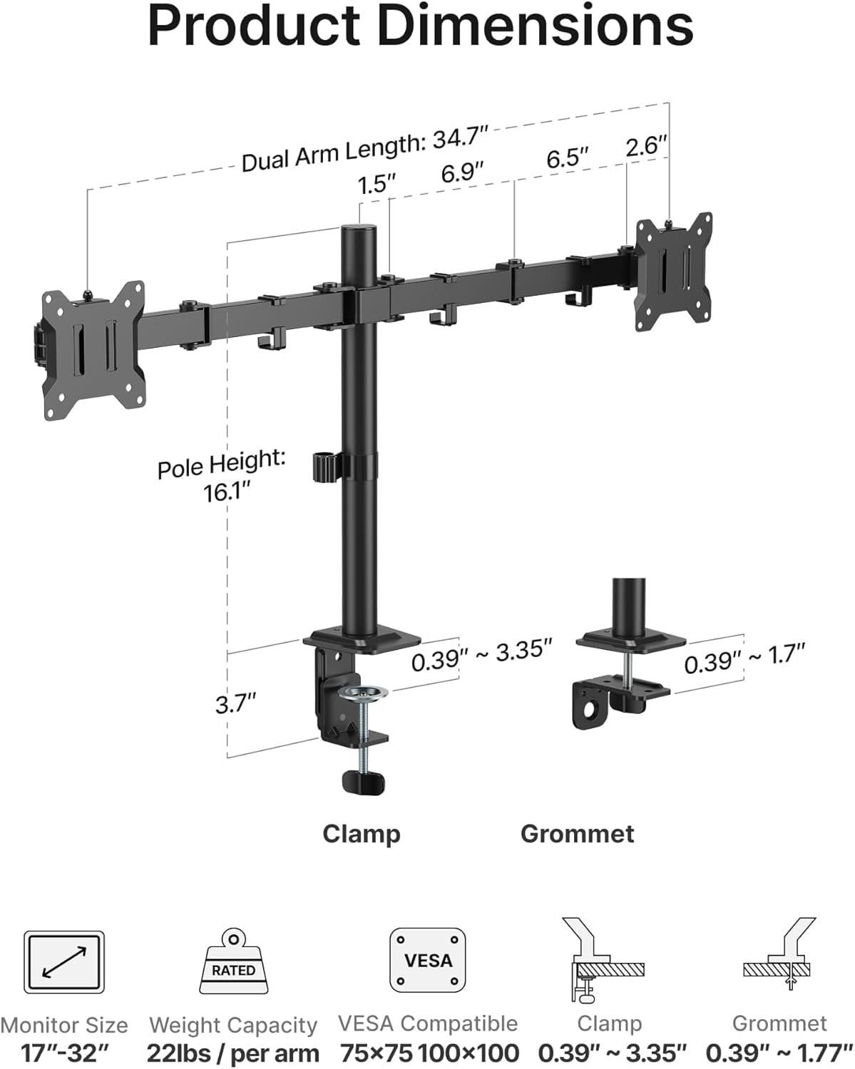 monTEK Dual Monitor Stand for 17"–32" Screens, Heavy-Duty Monitor Desk Mount Holds up to 22 lbs per Arm, Fully Adjustable with Clamp & Grommet Base, VESA 75/100mm