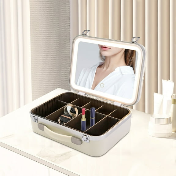 Portable Cosmetic Organizer Box Travel Makeup Train Case with LED Light   Mirror