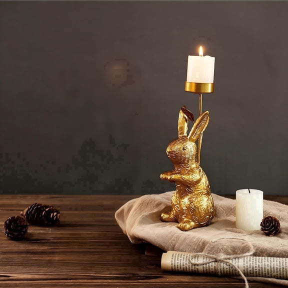 Easter Bunny Candlestick Decoration, Vintage Bunny Statue With Iron Candle Rod For Stability, Versatile Table Centerpiece & Thoughtful Gift Craft For Home Decor And