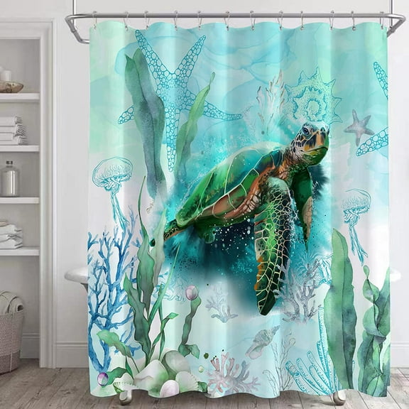 Sea Turtle Shower Curtain Sets,Starfish Seashell Coral Beach Bathroom Curtains,Ocean Themed Bath Curtain,Waterproof Fabric with 12 Hooks 72x72Inches