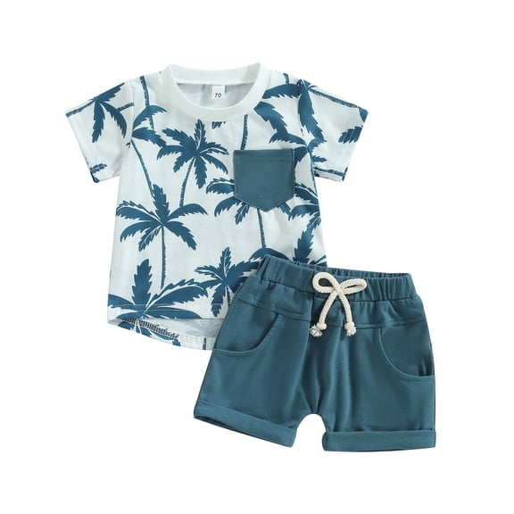 Toddler Baby Boy Clothes 6M 12M 18M 24M 3Y Beach Short Sleeve Palm Print Hawaiian T-Shirt and Drawstring Shorts Set Summer Outfit