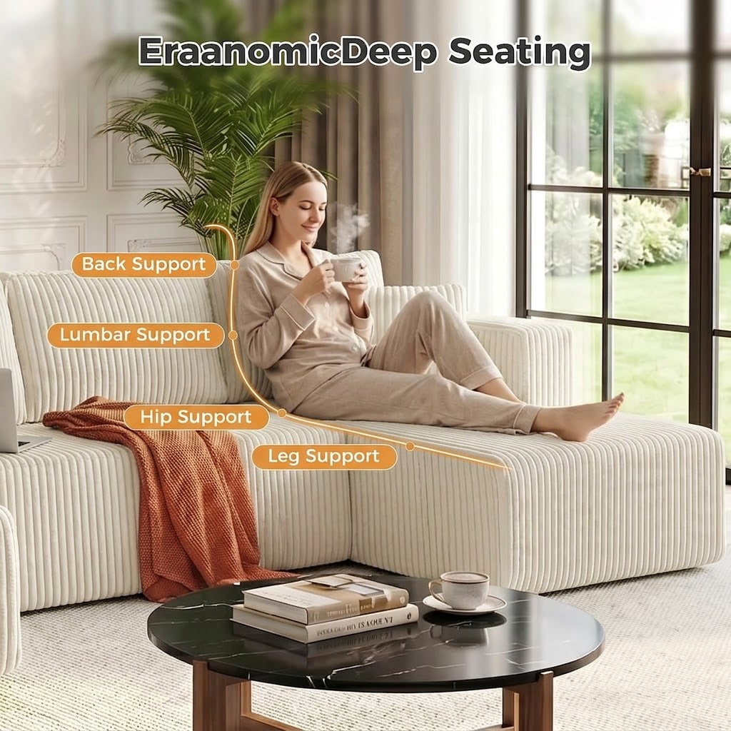 avobird 132" Oversized Cloud Boneless Sofa, U-Shaped Modular Sectional Sofa with Chaise and Side Pockets, Corduroy Deep Seat Couch for Living Room, Beige