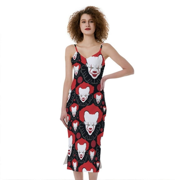 Halloween Scary Clown Pattern Print Slim Fit Midi Cami Dress, Halloween Decorative Fashion Summer Maxi Sexy Casual Dress For Women