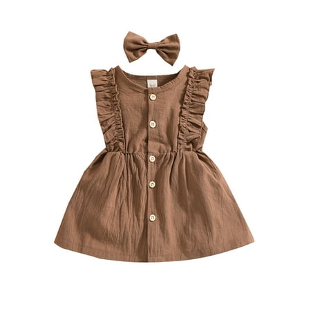 

AMILIEe Toddler Baby Girls Princess Dress Sleeveless Ruffle Cotton Linen Button Dresses Headband