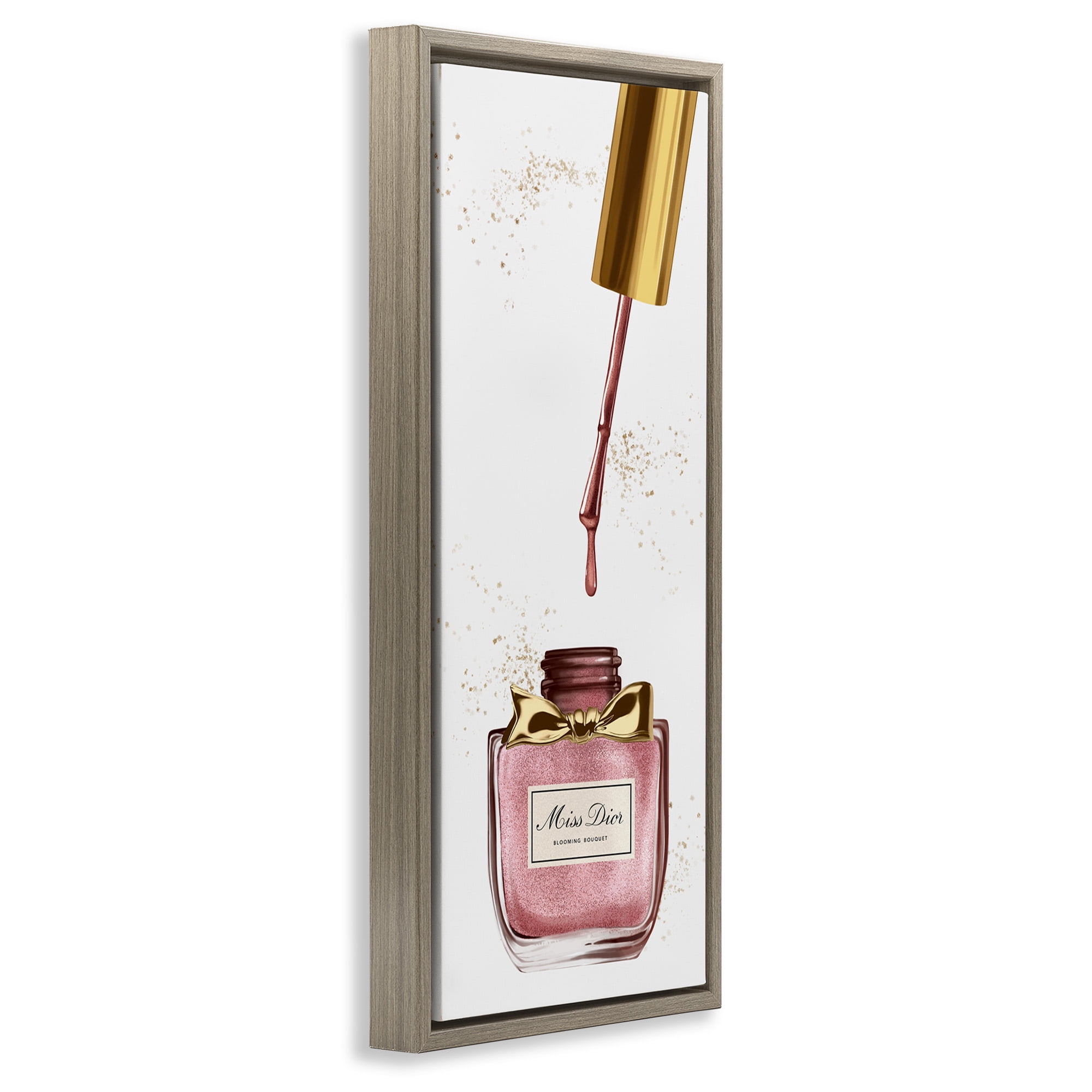Stupell Industries Makeup Nail Polish Brush Gold & Pink Beauty & Fashion Painting Brown Floater Framed Canvas Art Print Wall Art, 15 x 31