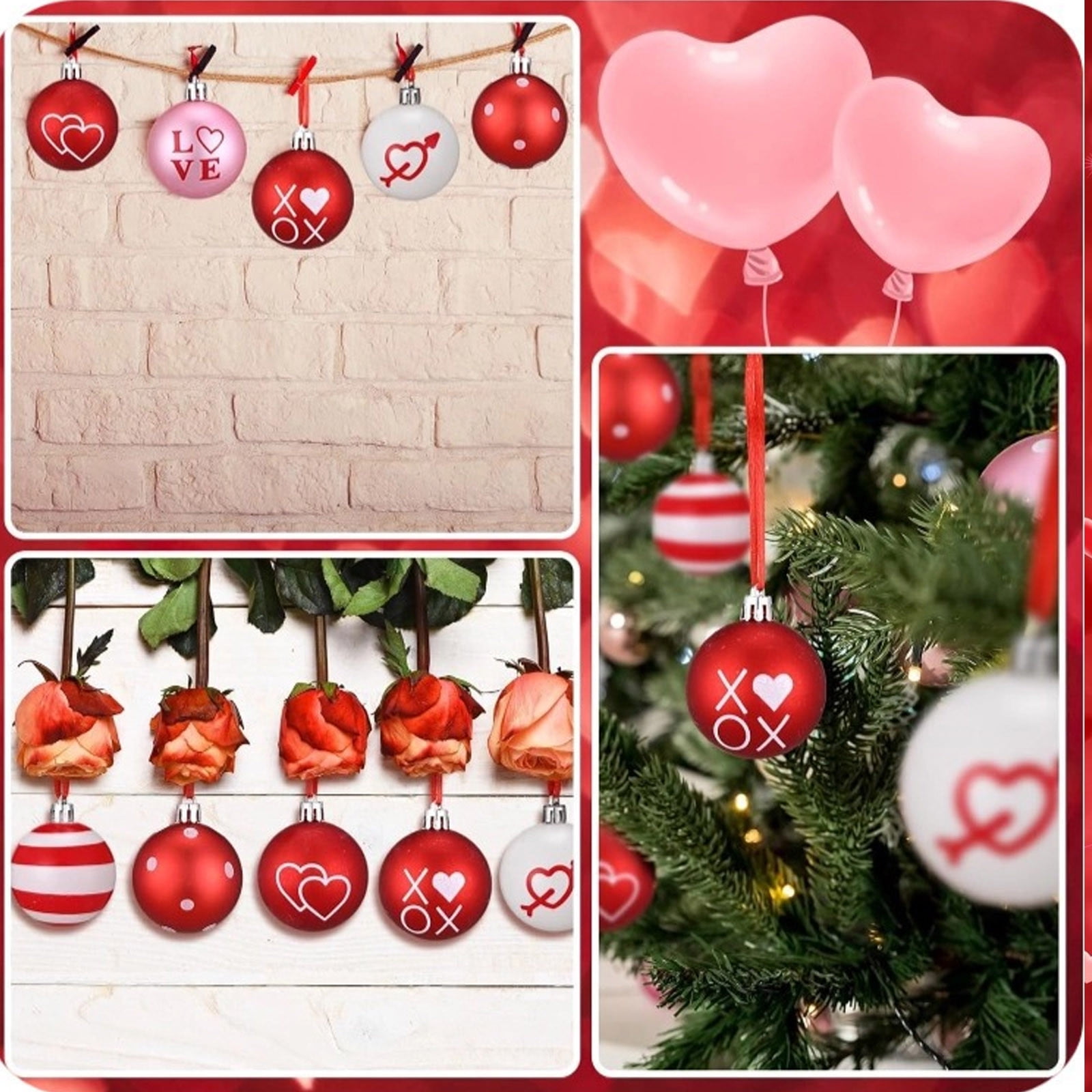Valentine's Day Heart Ornaments Set - 12 Pieces Red Heart-Shaped Hanging Decor for Home Indoor Party Wedding Table Fireplace Mantel