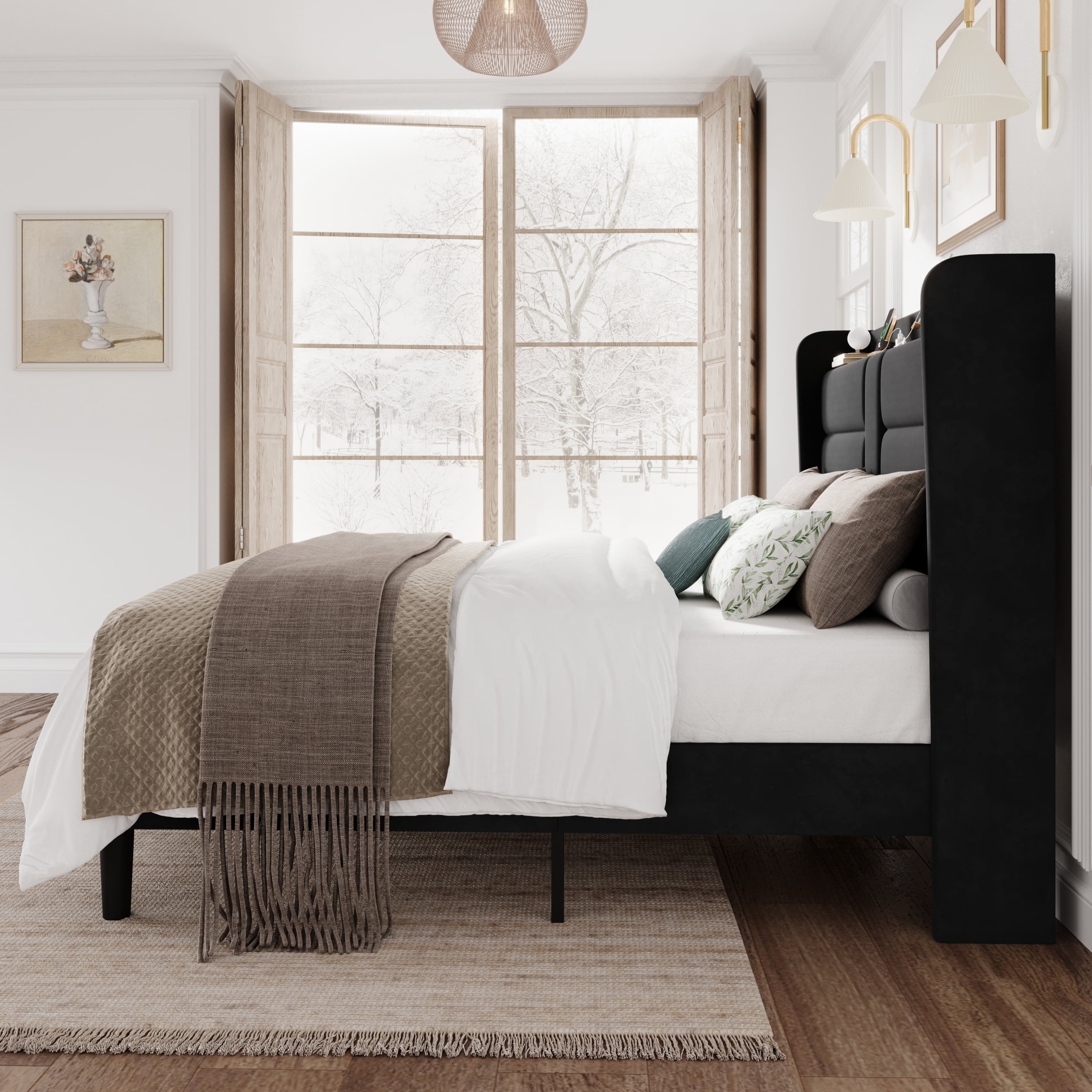 Amolife Full Size Upholstered Platform Bed Frame with Velvet Wingback Headboard & USB Charging Ports, No Box Spring Needed, Black