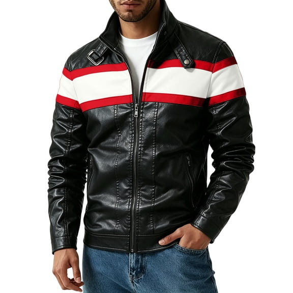 Xdegoge Mens Colorblock Faux Leather Jacket Motorcycle Racing Biker Coat Stand Collar Zip Up Pu Outerwear Vintage Retro Fall Winter Casual Riding Windproof