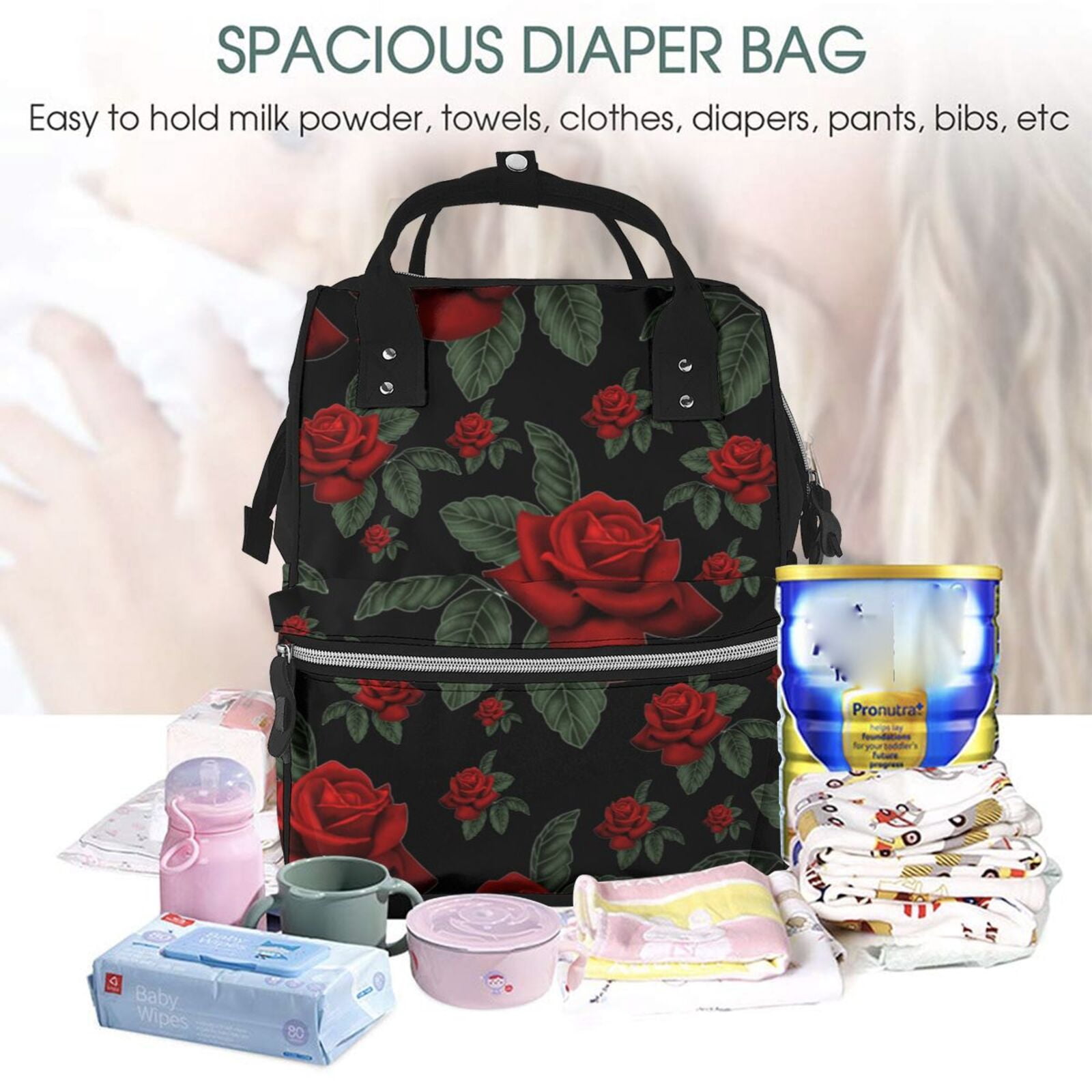 Ratiio Roses Mummy Backpack - Waterproof Twill Canvas, Large Capacity Diaper Bag with Multiple Pockets and Adjustable Straps