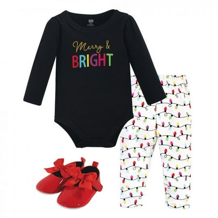 UPC: 0660168567960 | Hudson Baby Infant Girl Cotton Bodysuit  Pant and Shoe 3pc Set  Merry & Bright  6-9 Months