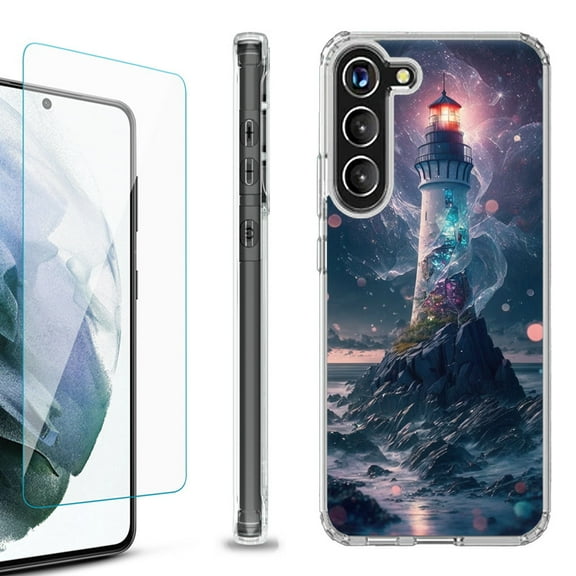 OneToughShield ® for Samsung Galaxy S23  S23 Plus 5G Shockproof Bumper Phone Case, with Tempered Glass Screen Protector - Surreal Lighthouse