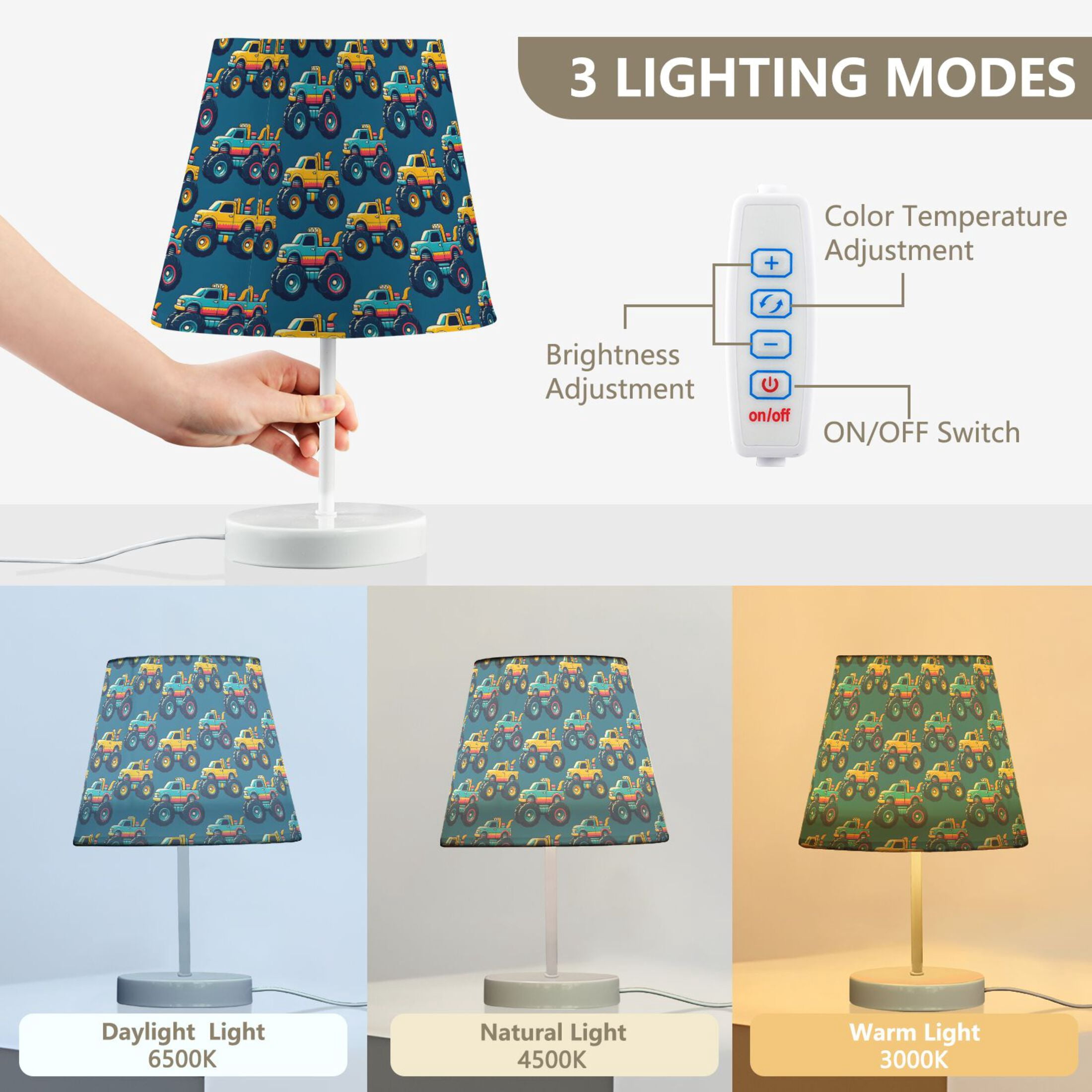 LED Desk Lamp Beautiful Monster Trucks Car Table Nightstand Lamps with 3 Color Temperatures for Home Bedroom Living Room Decor 8x12
