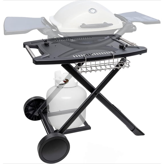 Folding Cart For Outdoor BBQ Portable Stand For Gas Grills Heavy Duty Rolling Griddle Table With Wheels Storage Basket Tool Hooks And Propane Cylinder Shelf