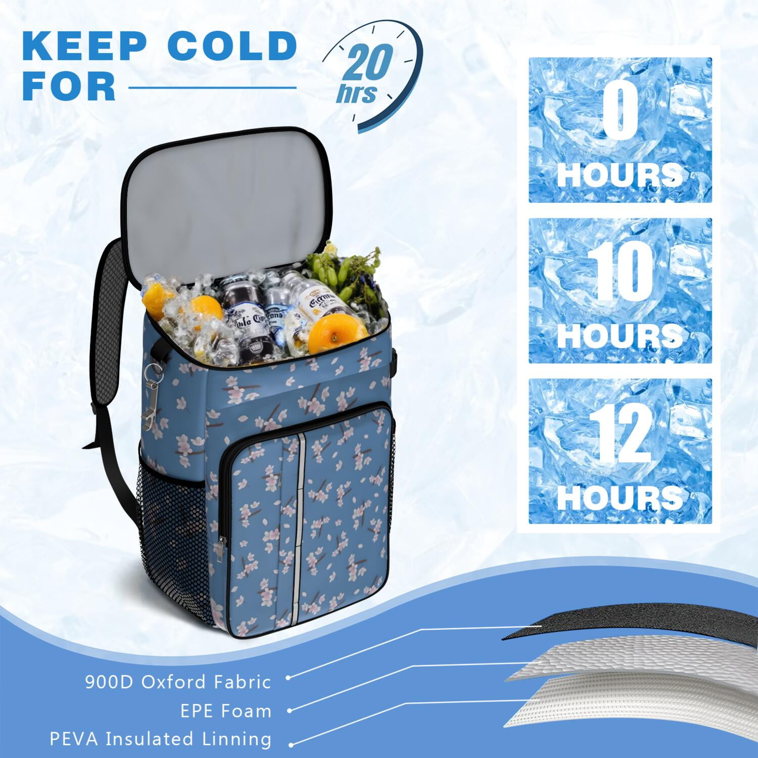 Travel Cooler Bag - Pioneer Flower Floral Print Pattern Camping Beer Cooler Backpack with Bottle Opener- Waterproof Insulated Picnic Backpacks - Cooler Bag for Beach