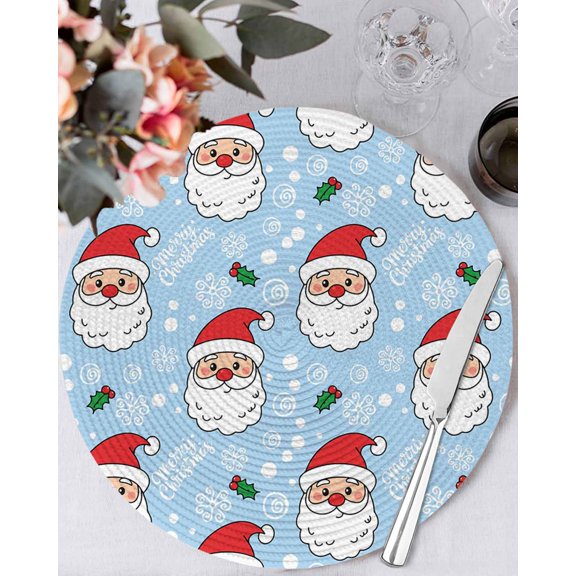 15 Inch Round Placemats Set of 4, Merry Christmas Non Slip Heat Insulation PP Table Mats, Santa Claus Xmas Winter Leaves Snowflake Sky Blue Washable Place Mats for Kitchen Dining Party Table Decor
