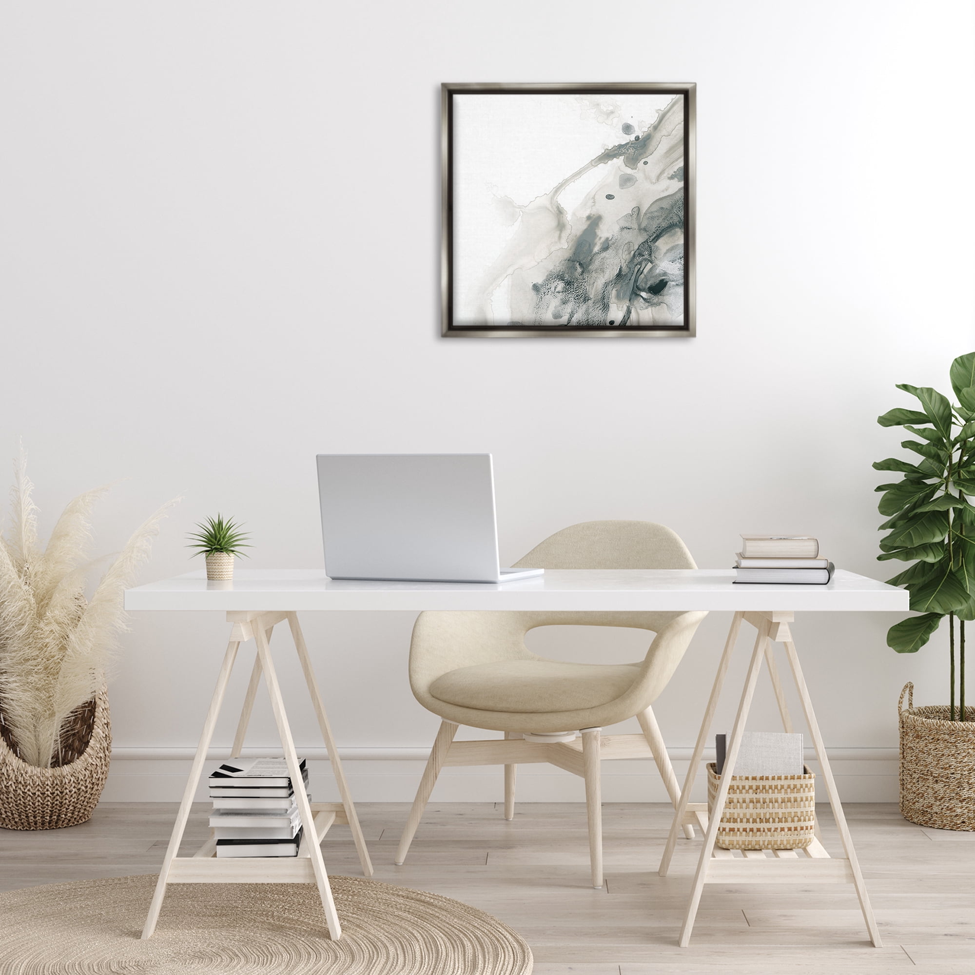 Stupell Industries Grey Splash on White Abstract Painting Gray Floater Framed Canvas Art Print Wall Art, 25 x 25