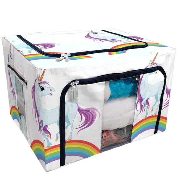 PKQWTM Unicorn Little Fantasy Blue Pony Storage Bag Clear Window Storage Bins Boxes Large Capacity Foldable Stackable Organizer With Steel Metal Frame For Bedding,Clothes,Closets, Bedrooms