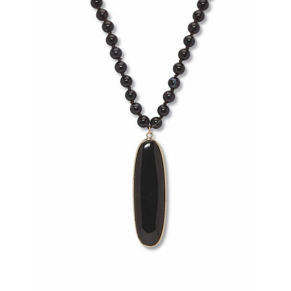 PalmBeach Jewelry Genuine Black Agate Goldtone Bezel Set Oval Cabochon Beaded Necklace 34 Inch