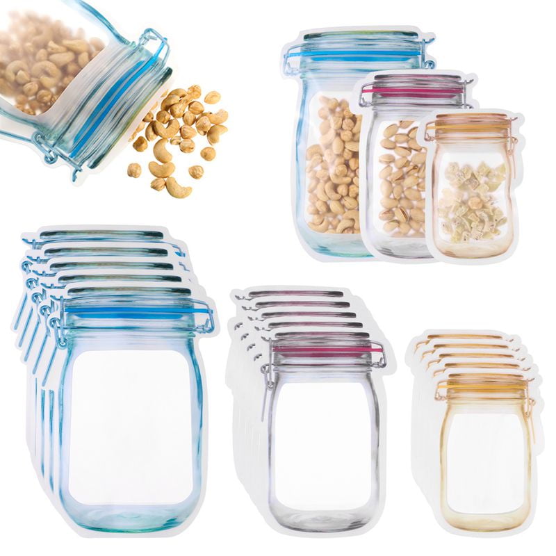 10pcs Jar Shape Zipper Bags Reusable Snack Nut Saver Food Sandwich Storage Pouch 