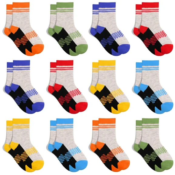 Kid's Mid-calf Socks, 12 Pairs of Comfortable and Stylish Patchwork Colour Socks for Boys and Girls 2-13 Years Old