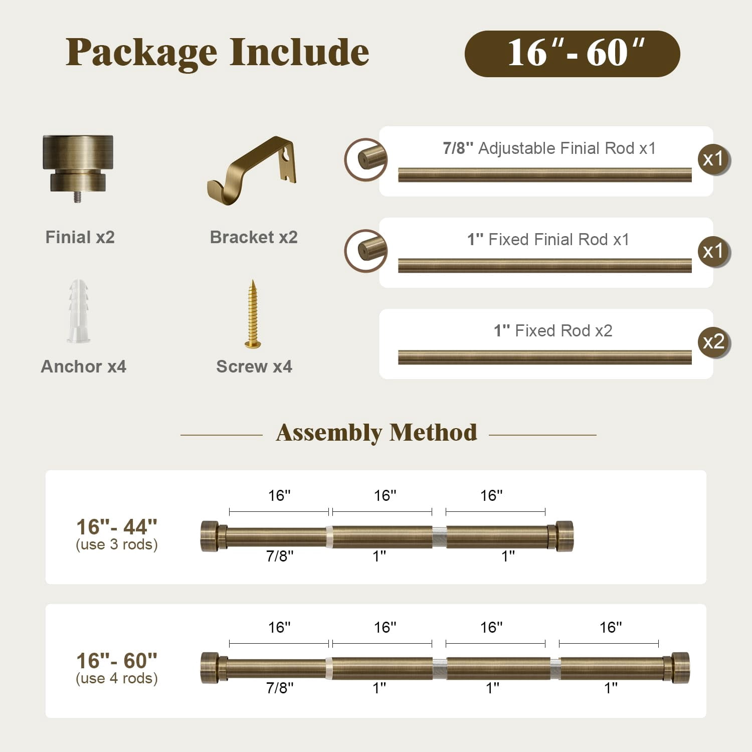 Heavy Duty Curtain Rods For Windows 28 To 48 Inch  1 Antique Bronze Rod Adjustable Length With Metal Finials Modern Decorative Bedroom Kitchen Living Room(16 60 Inch)