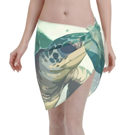 Qekee Watercolor Turtle1 Women s Short Sarongs Cover Ups Sheer Bikini Wraps for Swimwear