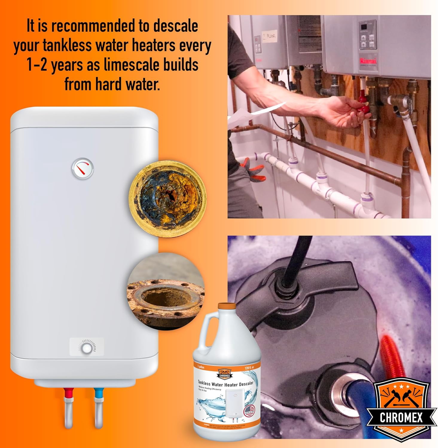 Chromex Tankless Water Heater Descaling Solution, Highly Effective Descaler, 4 Gallon Value Pack
