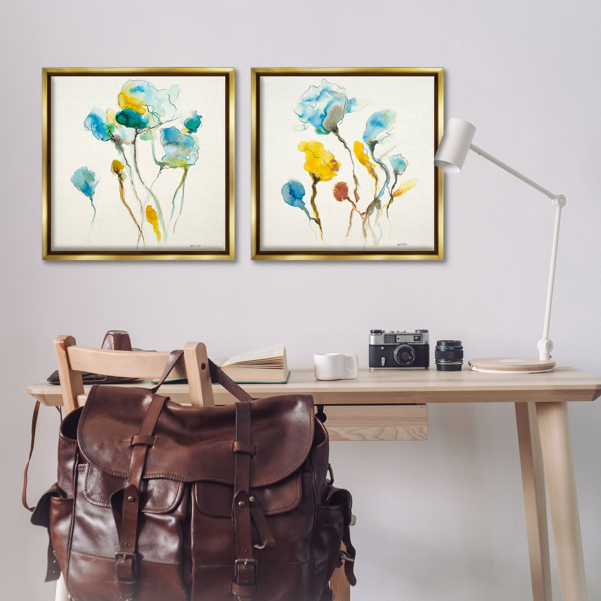 Stupell Industries Watercolor Teal & Yellow Flowers Abstract Painting Gold Floater Framed Canvas Art Print Wall Art, 25 x 25, Set of 2