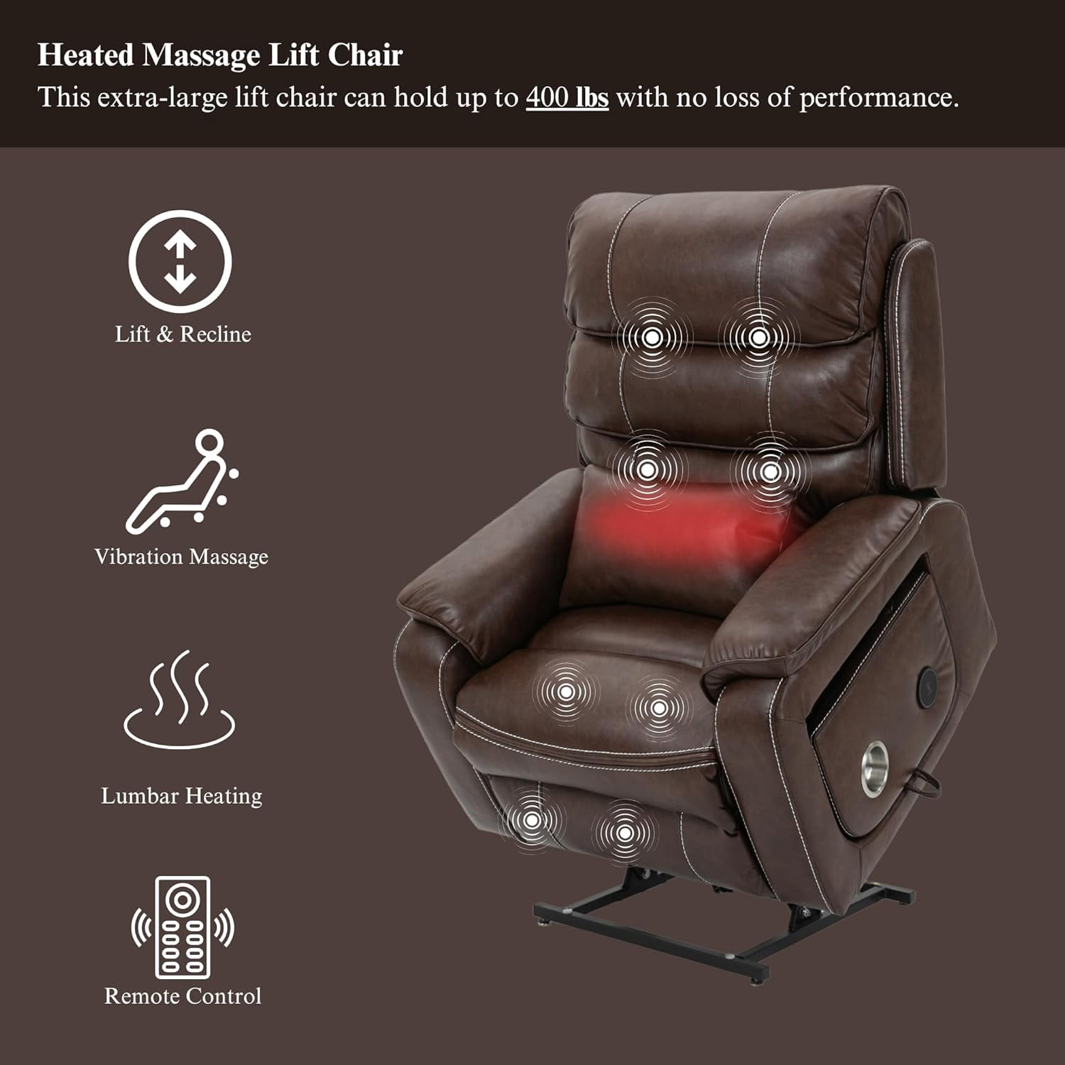 Oversized Power Lift Recliner for Elderly, Infinite Position Lay Flat Lift Chair Sleeping with Heat & Massage Lumbar Pillow & Cup Holders, Dual Motor Big Tall 400 lbs (Brown)