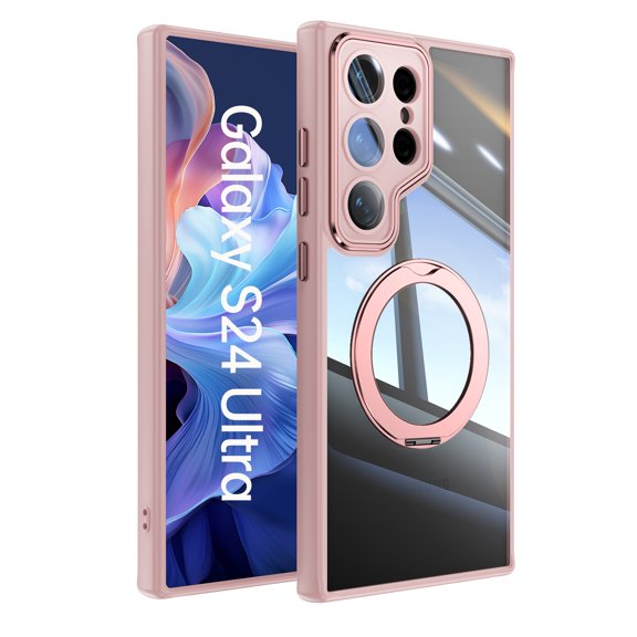 Compatible for Samsung Galaxy S24 Ultra Phone Case with Stand, Rotatable Ring Holder Kickstand Rugged Shockproof Protective Cover Case with Camera Lens Protector for Samsung Galaxy S24 Ultra, Pink