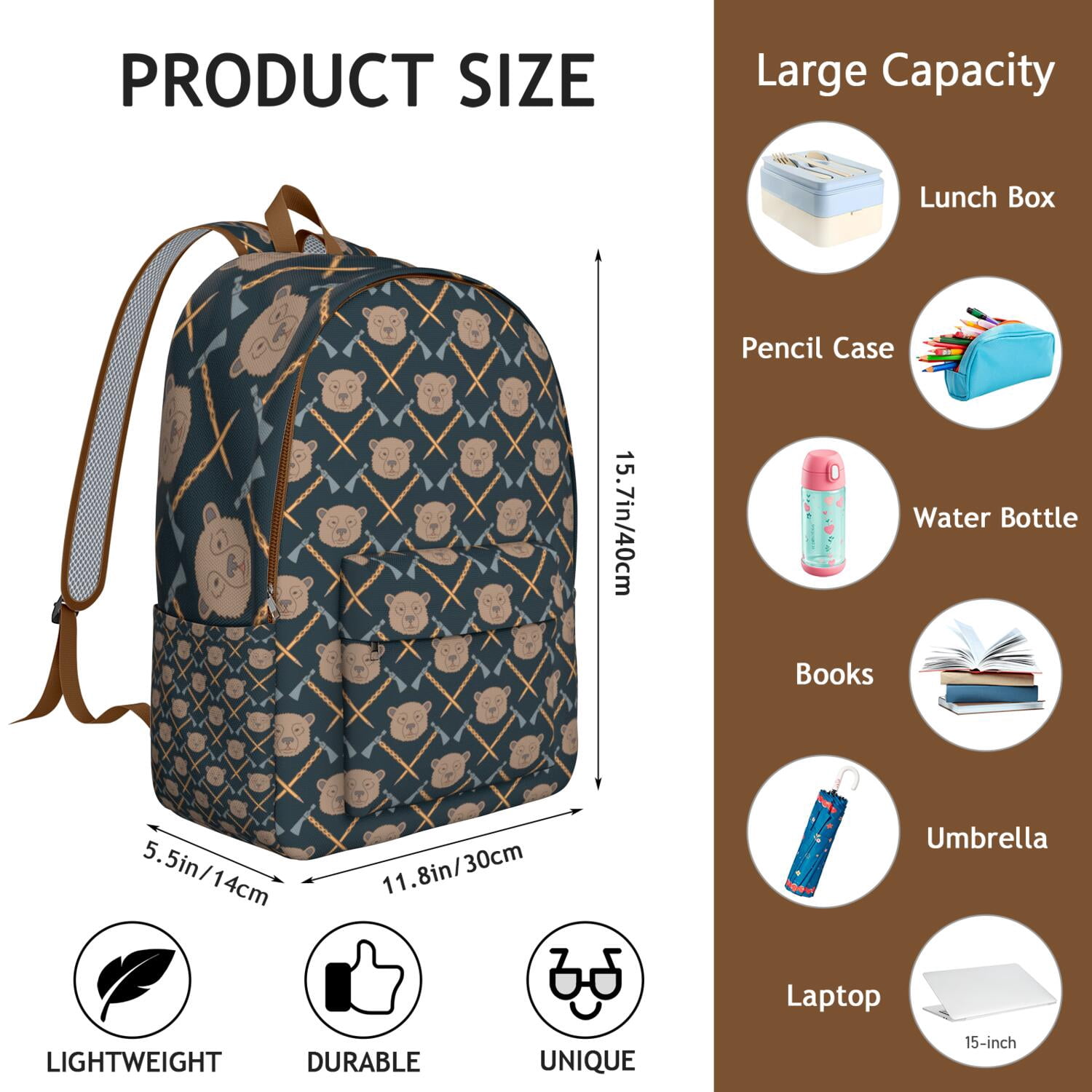 Cartoon Bear School Backpack, Waterproof Bookbag with Aesthetic Brown and Polar Bear Pattern, Perfect for Teens