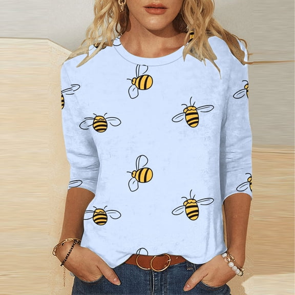 BLTIBY Bee Shirts for Women 3/4 Length Sleeve Tunic Tops Funny Cute Bee Graphic Tee Blouse Summer Casual Tshirt Ladies Gifts Pullover Tops Sky Blue L