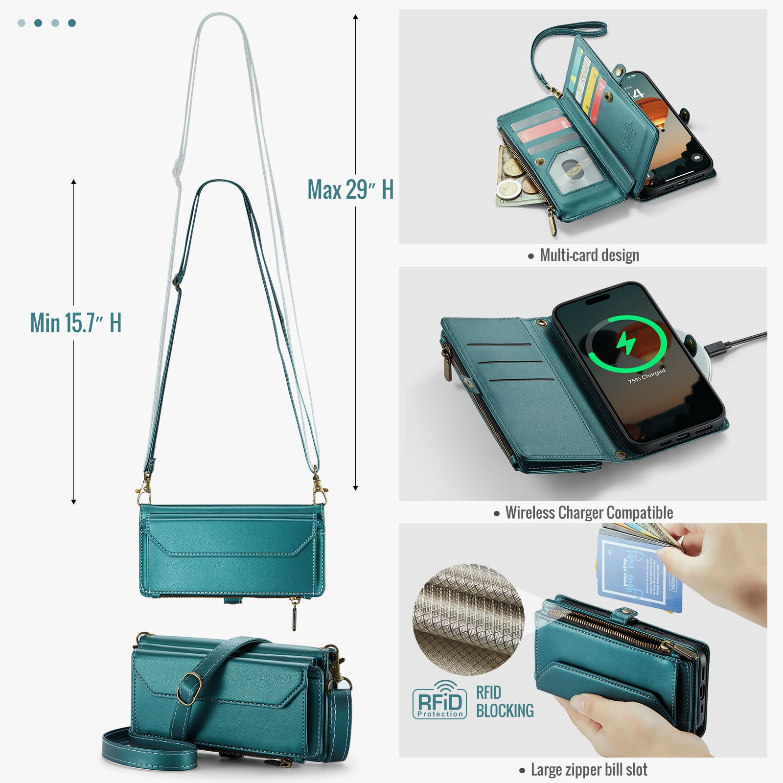 Asuwish Compatible with iPhone 17 Air 6.5 inch Zipper Wallet Phone Case Tempered Glass Screen Protector Crossbody Lanyard Strap Flip Card Holder Slot Cell Cover for i Phone17Air 17Case Women Green