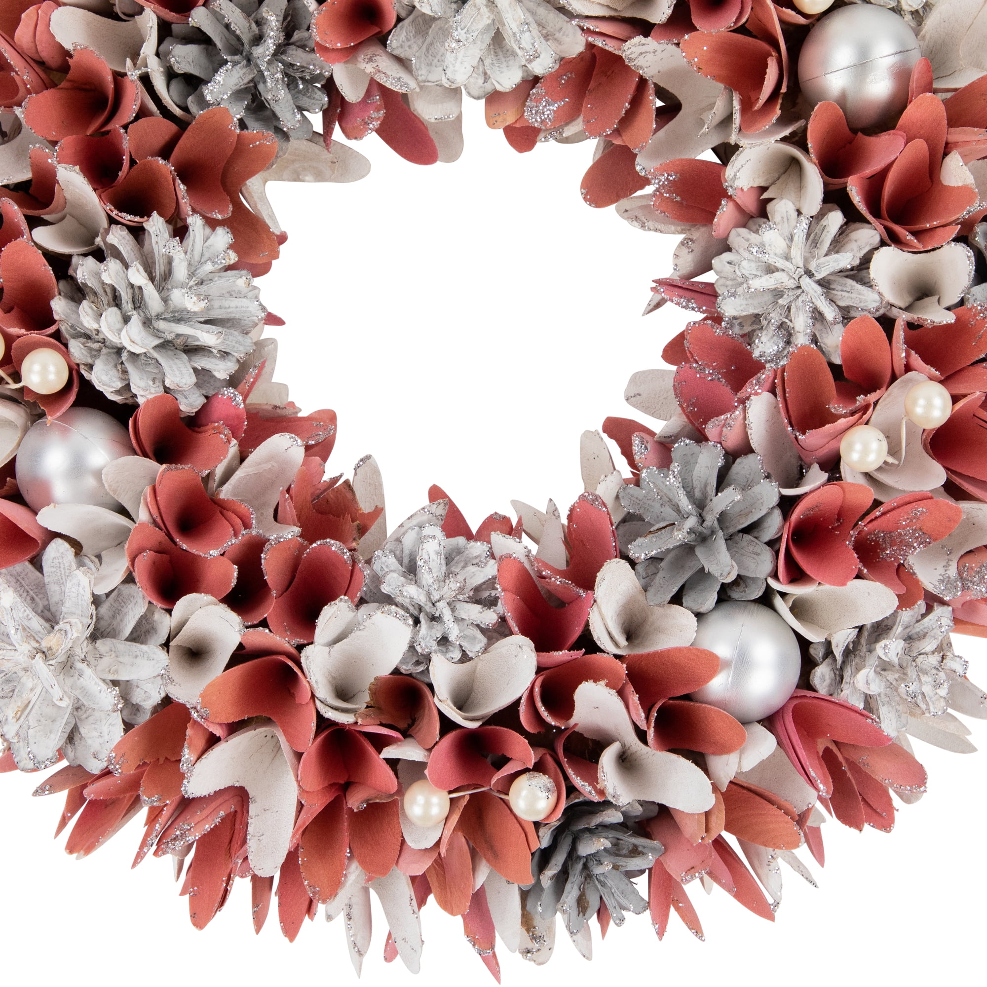 Northlight 13" Pink and White Wooden Floral Christmas Wreath with Pinecones